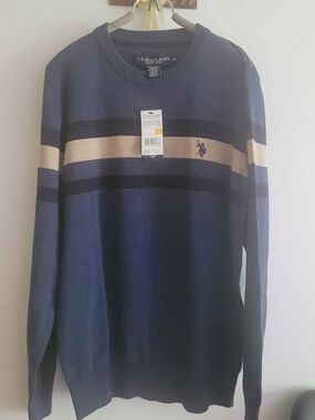 U.S. Polo Assn. Navy Crewneck Sweater with Cream & Black Stripes